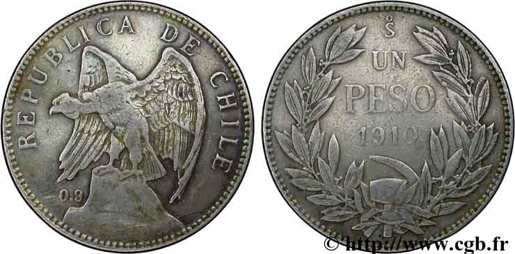 CHILE 1 Peso condor 1910 Santiago - S° VF 