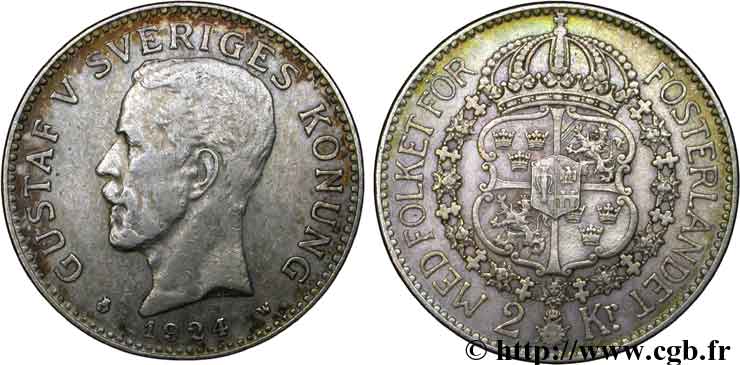 SWEDEN 2 Kronor Gustave V 1924  XF 