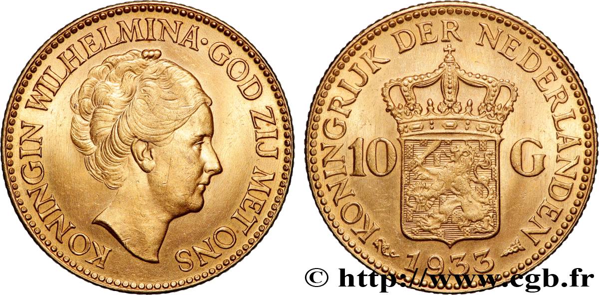 ORO, PALADIO Y PLATINO INVERSIÓN 10 Gulden 4e type Wilhelmina 1933 Utrecht EBC 