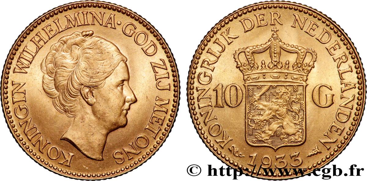 OR, PALLADIUM ET PLATINE INVESTISSEMENT 10 Gulden 4e type Wilhelmina 1933 Utrecht SUP 