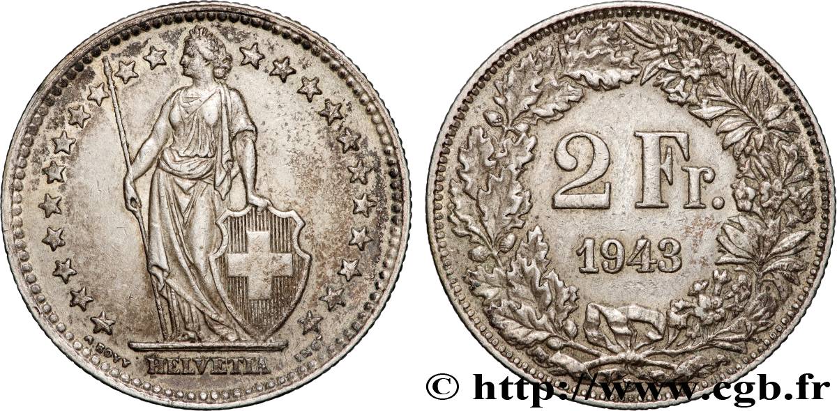 SWITZERLAND 2 Francs Helvetia 1943 Berne - B XF 