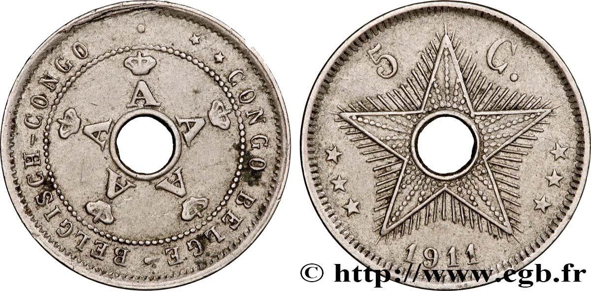 BELGIAN CONGO 5 Centimes monogrames du roi Albert 1911 Heaton AU 