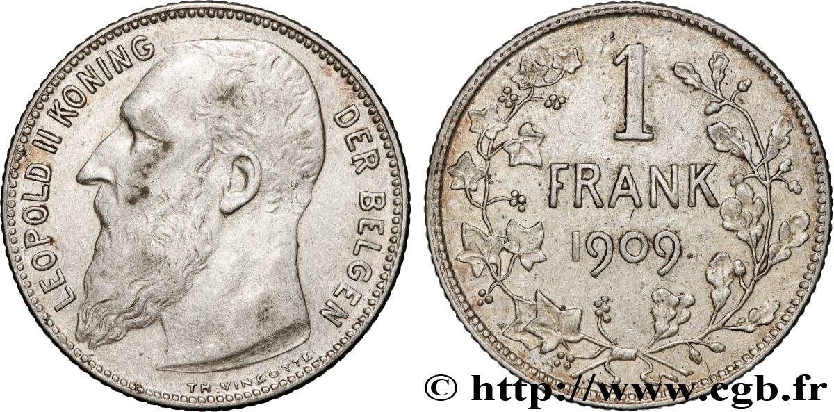 BELGIQUE 1 Frank (Franc) Léopold II légende flamande 1909  TB+ 