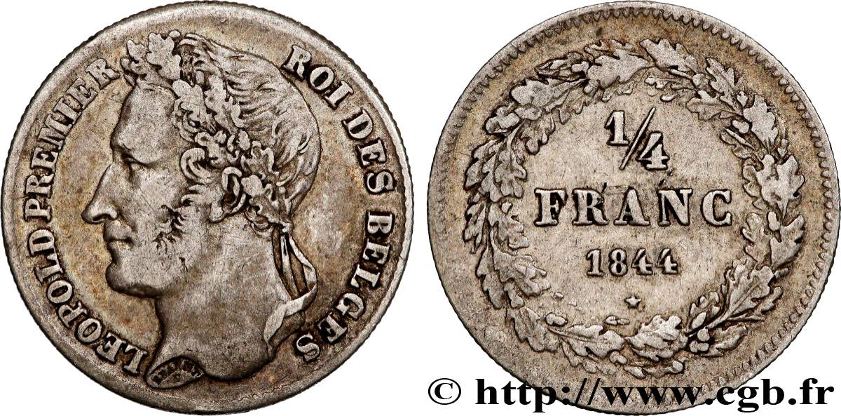 BELGIUM 1/4 Franc Léopold tête laurée 1844  XF 