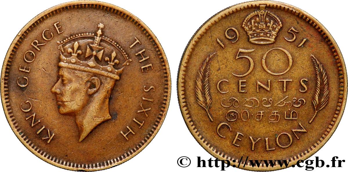 CEYLON 50 Cents Georges VI 1951 Londres XF 