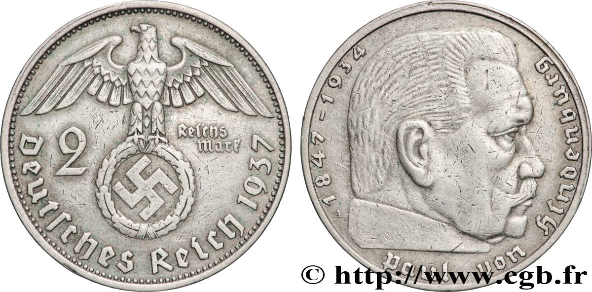 GERMANY 2 Reichsmark Maréchal Paul von Hindenburg 1937 Berlin XF 