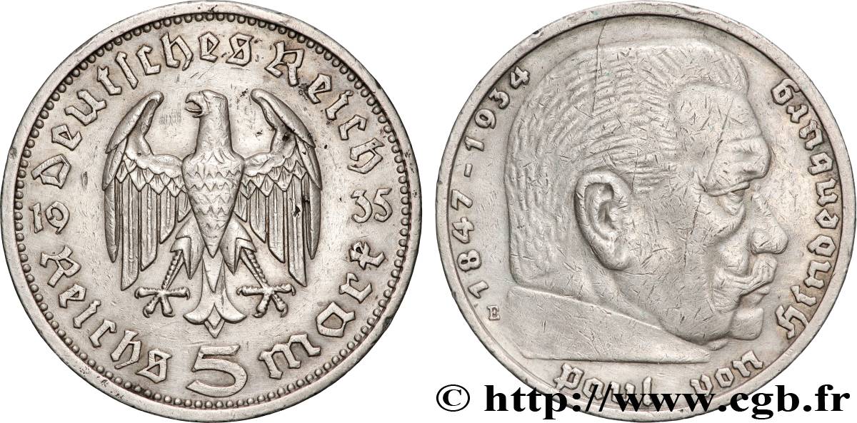 GERMANY 5 Reichsmark Maréchal Paul von Hindenburg 1935 Muldenhütten - E XF 