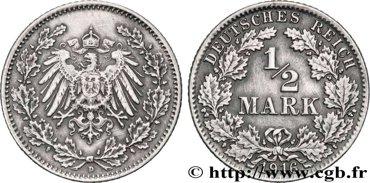 GERMANY 1/2 Mark 1916 Munich - D XF 