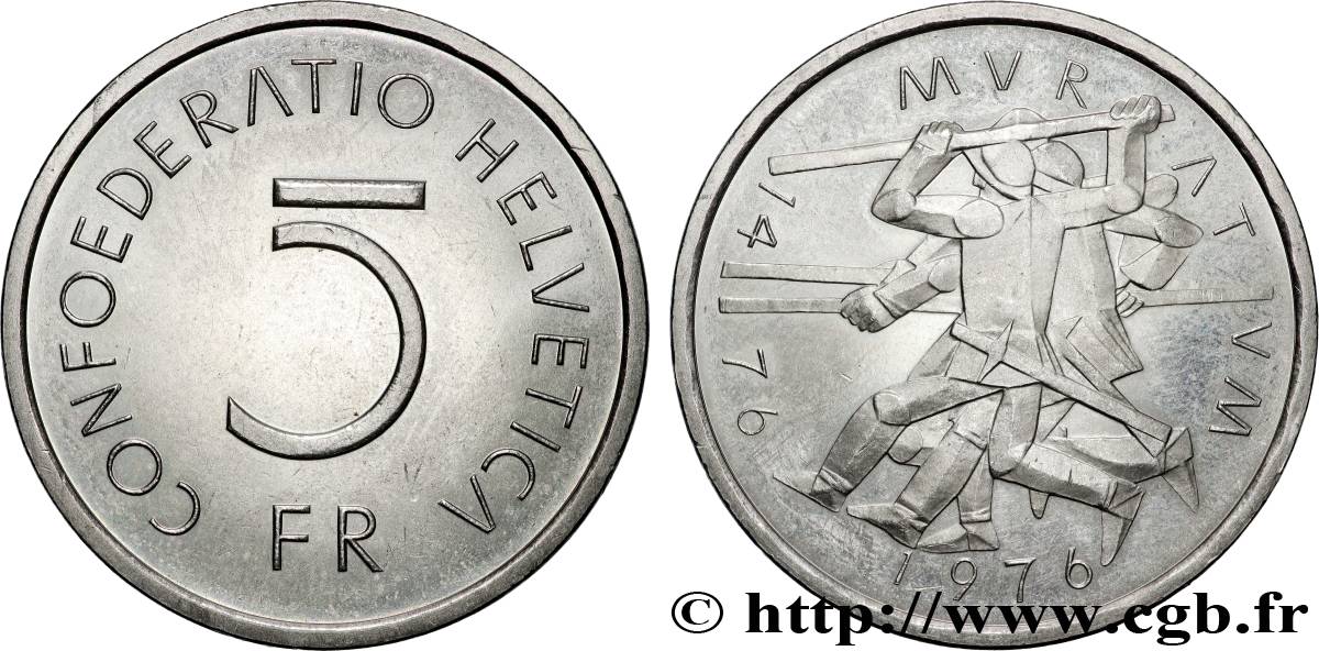 SVIZZERA  5 Francs 500e anniversaire de la bataille de Murten 1976 Berne - B SPL 