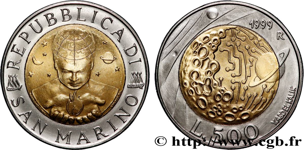 SAN MARINO 500 Lire enfant de l’univers / exploration de la lune 1999 Rome MS 