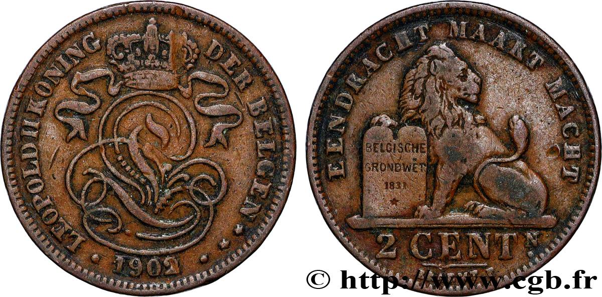 BELGIUM 2 Centimes lion monogramme de Léopold II légende française 1902  XF 