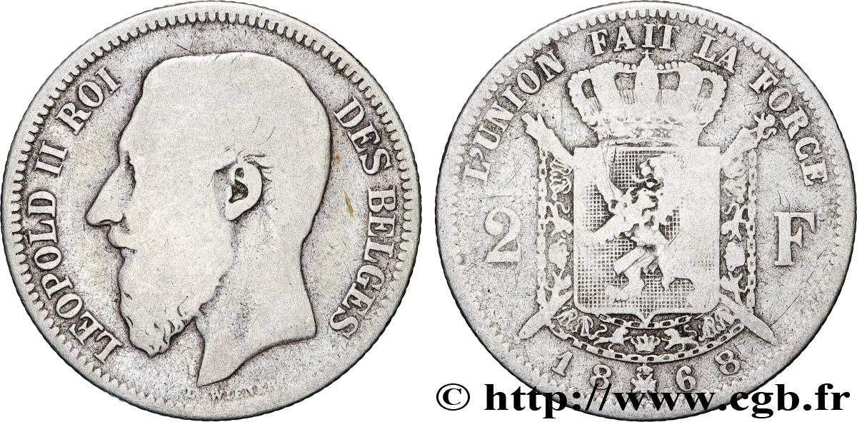 BELGIUM 2 Francs Léopold II légende française 1868  VF 