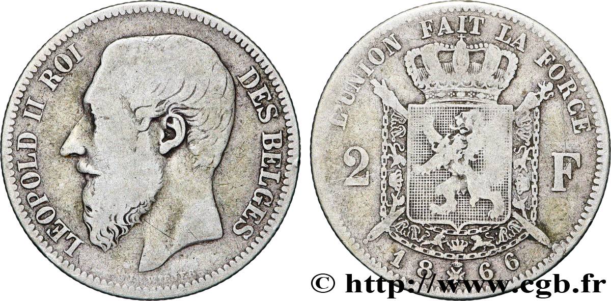 BÉLGICA 2 Francs Léopold II légende française 1866  BC 