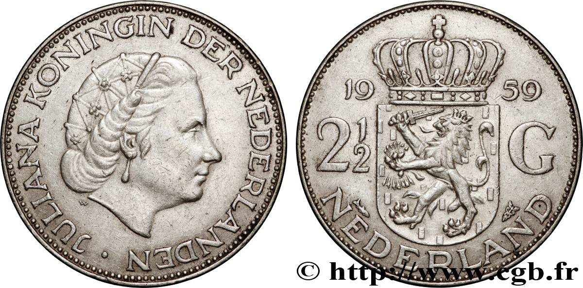 NETHERLANDS 2 1/2 Gulden Juliana 1959 Utrecht AU 