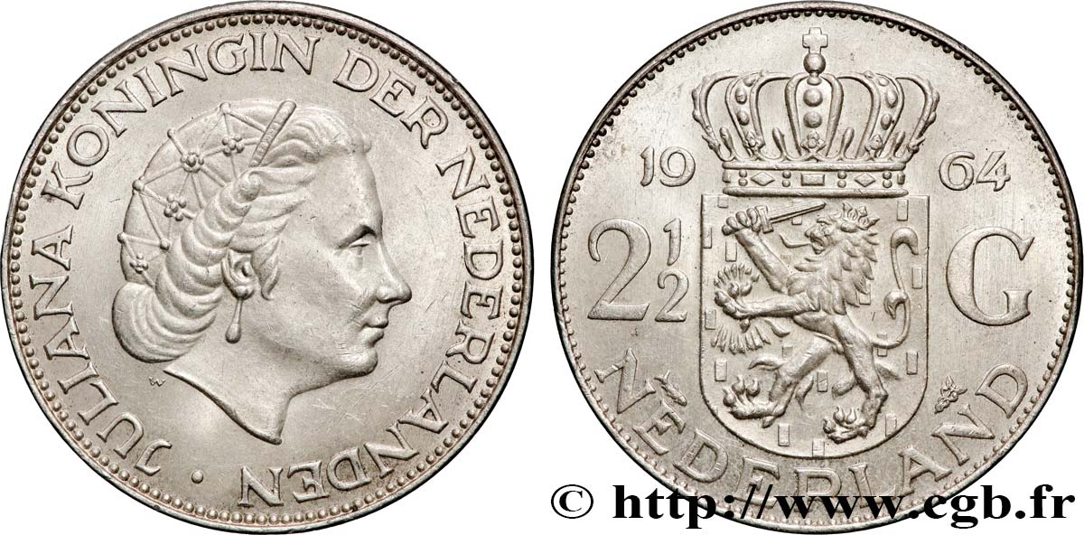 PAESI BASSI 2 1/2 Gulden reine Juliana 1964 Utrecht SPL 