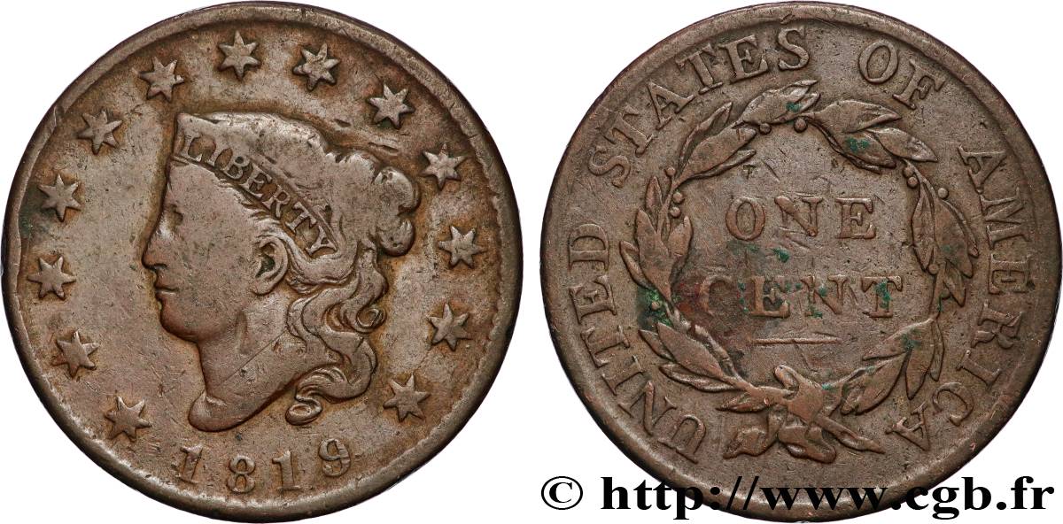 ESTADOS UNIDOS DE AMÉRICA 1 Cent “Matron Head” variété à petite date 1819 Philadelphie BC 