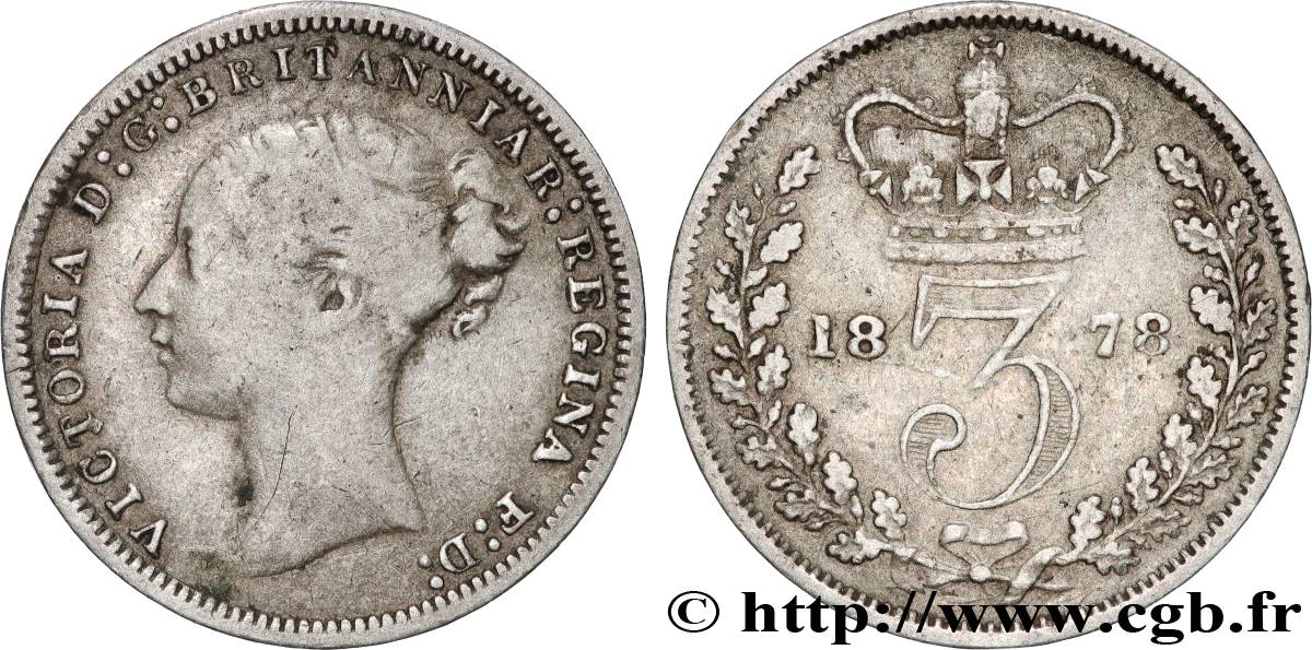 UNITED KINGDOM 3 Pence Victoria “Bun Head” 1878  VF 