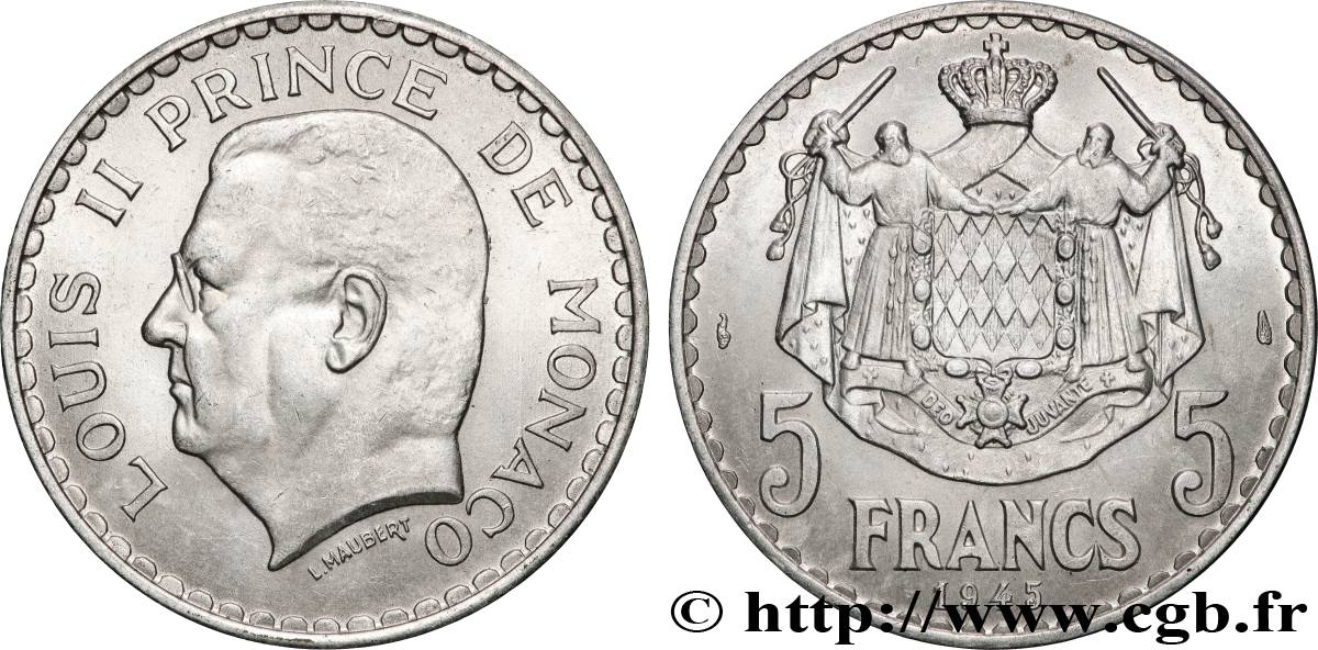 MONACO 5 Francs Louis II 1945 Paris AU 