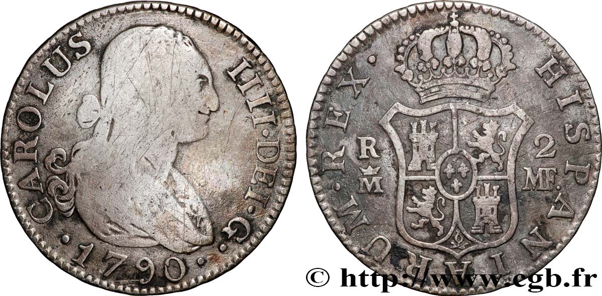 SPAIN - KINGDOM OF SPAIN - CHARLES IV 2 Reales  1790 Madrid VF 