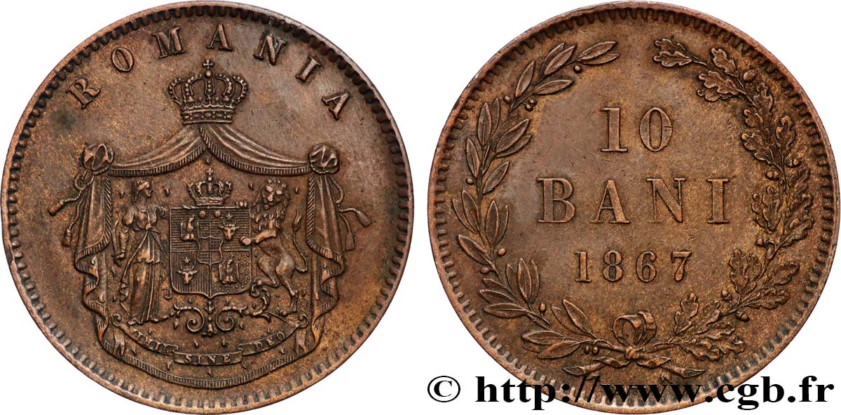 ROMANIA 10 Bani armes 1867 Heaton AU 