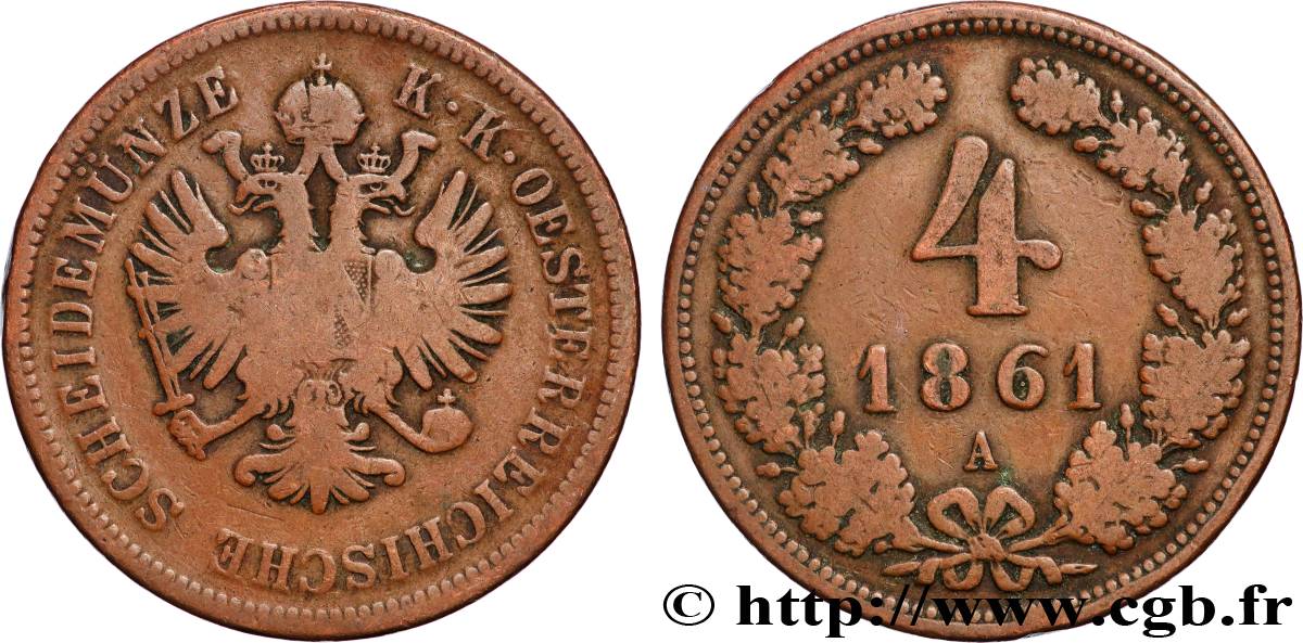 AUSTRIA 4 Kreuzer aigle bicéphale 1861 Vienne BC 