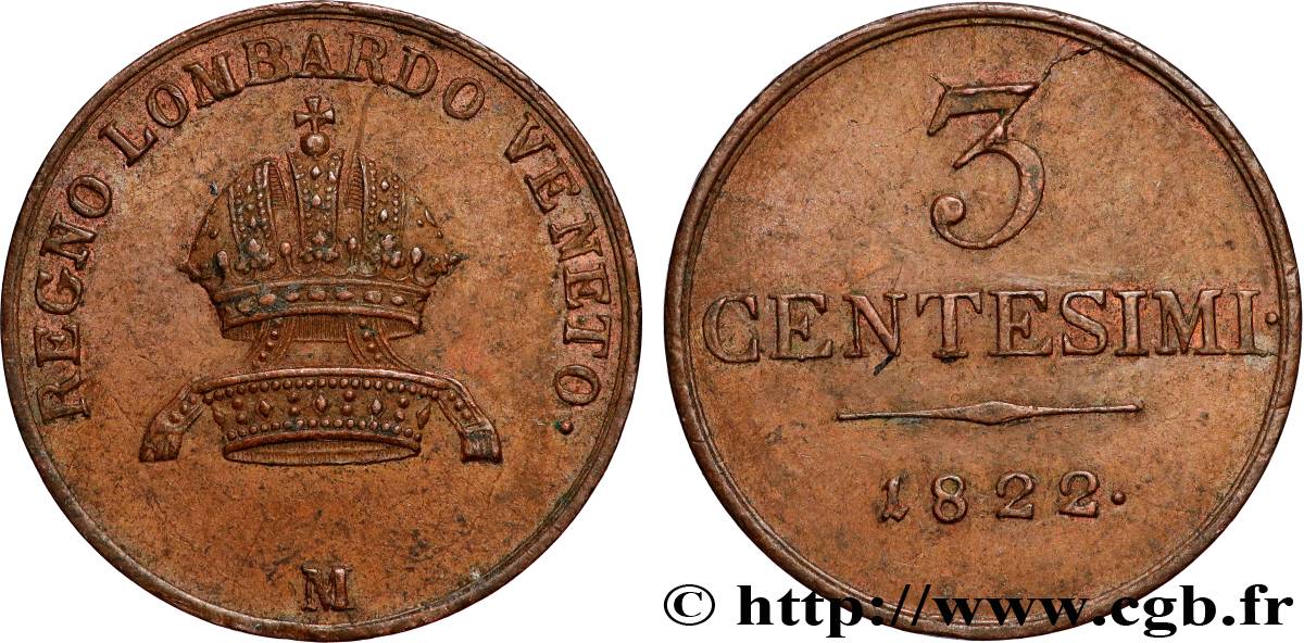 ITALIA - LOMBARDIA-VENECIA 3 Centesimi 1822 Milan - M EBC 