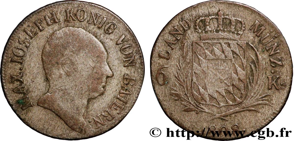 GERMANY - BAVARIA 6 Kreuzer Maximilien Joseph 1808 Munich VF 