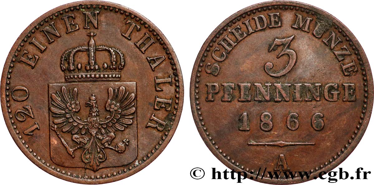 GERMANY - PRUSSIA 3 Pfenninge Royaume de Prusse 1866 Berlin AU 