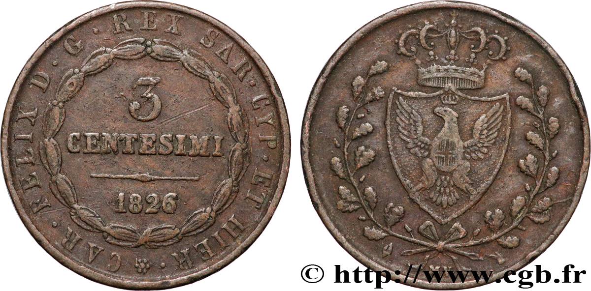 ITALY - KINGDOM OF SARDINIA 3 Centesimi type au “L” 1826 Turin XF 