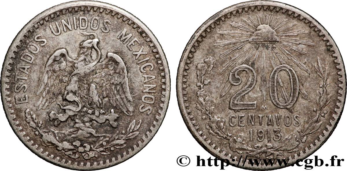 MEXICO 20 Centavos 1913 Mexico AU 
