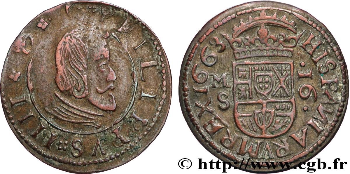 SPAIN - KINGDOM OF SPAIN - PHILIP IV 16 Maravedis 1663 Séville XF 