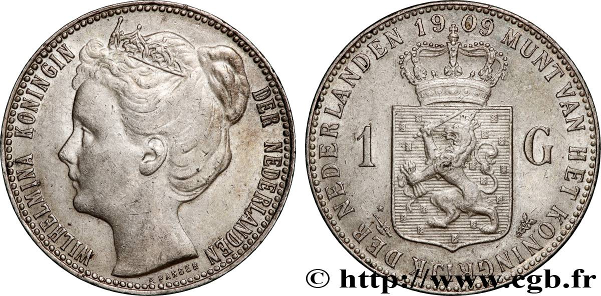 NETHERLANDS 1 Gulden Reine Wilhelmina 1909 Utrecht XF 