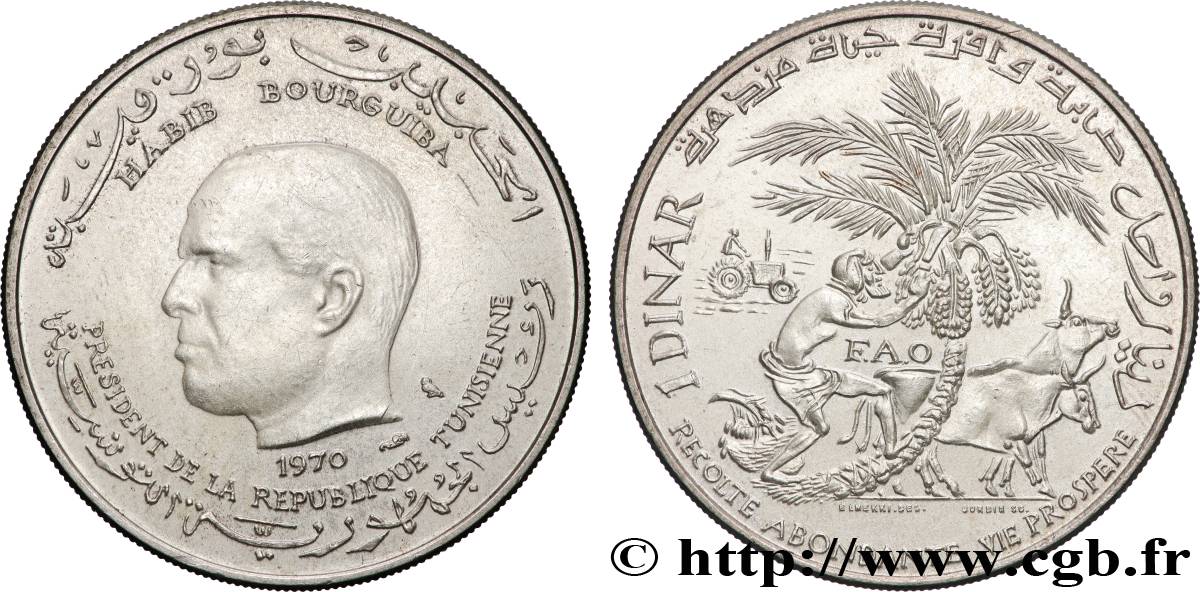 TUNESIEN 1 Dinar Habib Bourguiba type FAO 1970 Paris VZ 