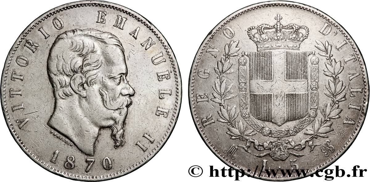 ITALIA - REINO DE ITALIA - VÍCTOR-MANUEL II 5 Lire  1870 Milan BC+ 