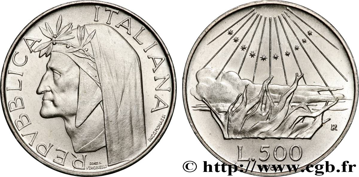 ITALIA 500 Lire 700e anniversaire de la naissance de Dante Alighieri / l’Enfer 1965 Rome EBC 