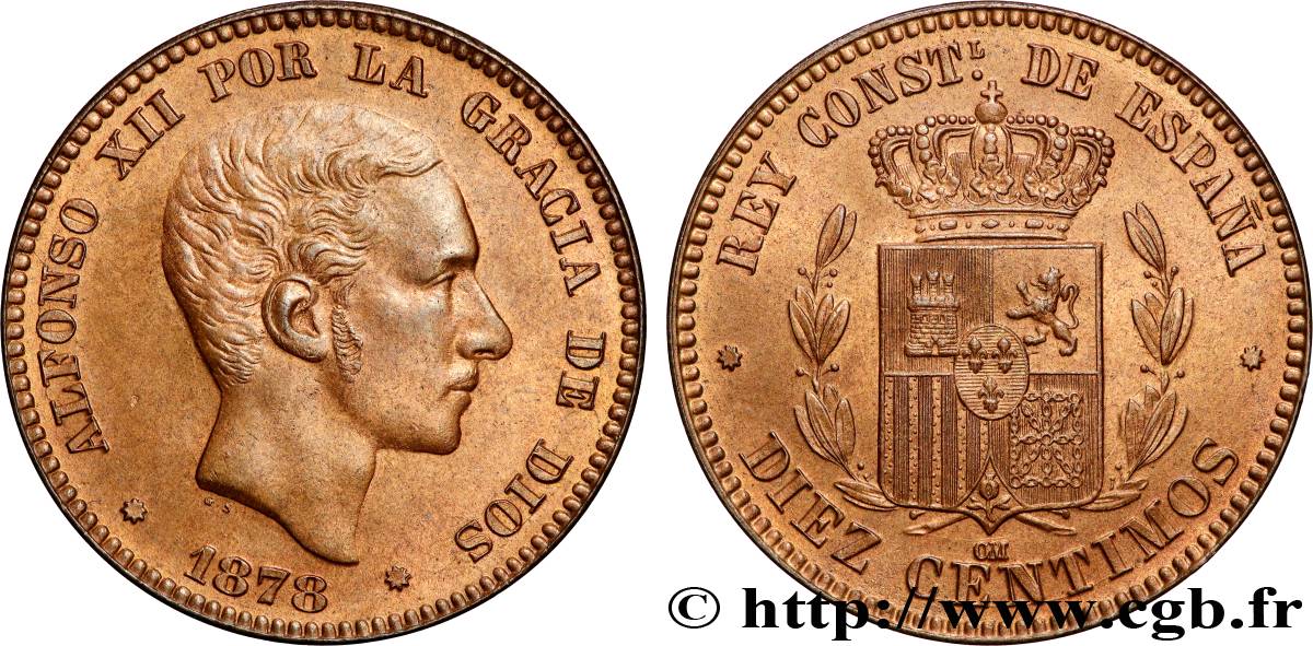 SPAIN 10 Centimos Alphonse XII 1878 Oeschger Mesdach & CO AU 