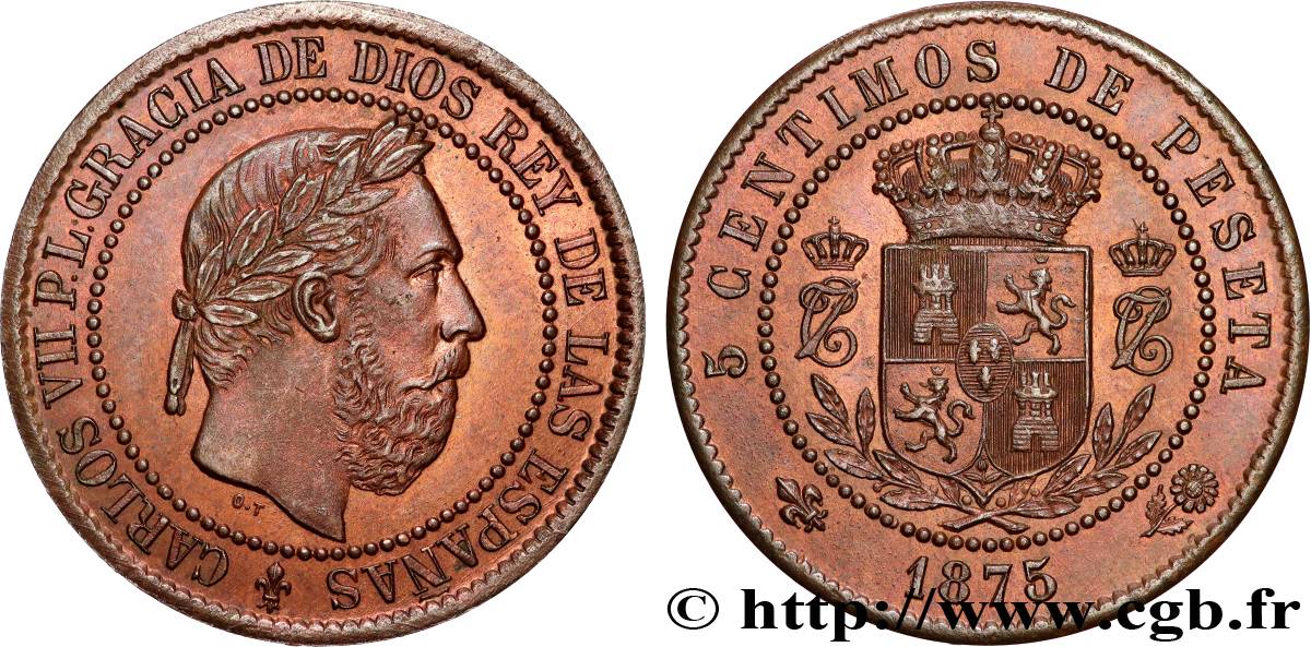 SPAIN - CHARLES VII 5 Centimos Charles VII (Charles de Bourbon, prétendant carliste) 1875 Oñate AU 