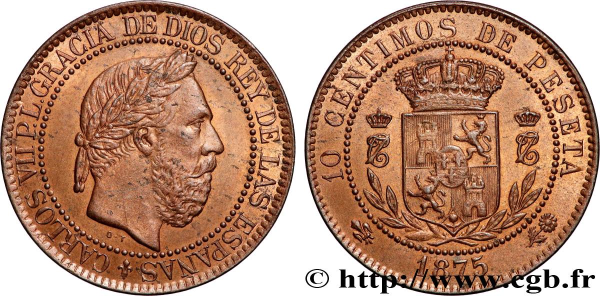 ESPAGNE - CHARLES VII 10 Centimos Charles VII (Charles de Bourbon, prétendant carliste) 1875 Oñate SUP 