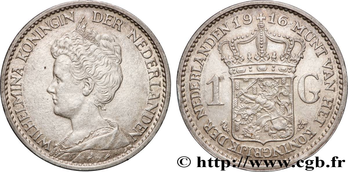 NETHERLANDS - KINGDOM OF THE NETHERLANDS - WILHELMINA 1 Gulden 1916  XF 