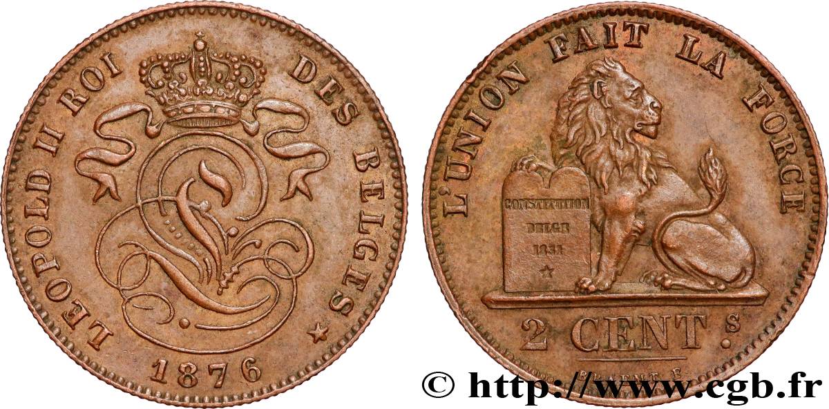 BÉLGICA 2 Centimes Léopold II 1876  MBC+ 