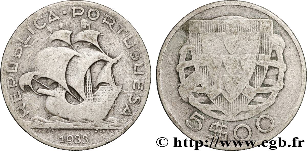 PORTUGAL 5 Escudos emblème 1933  BC 