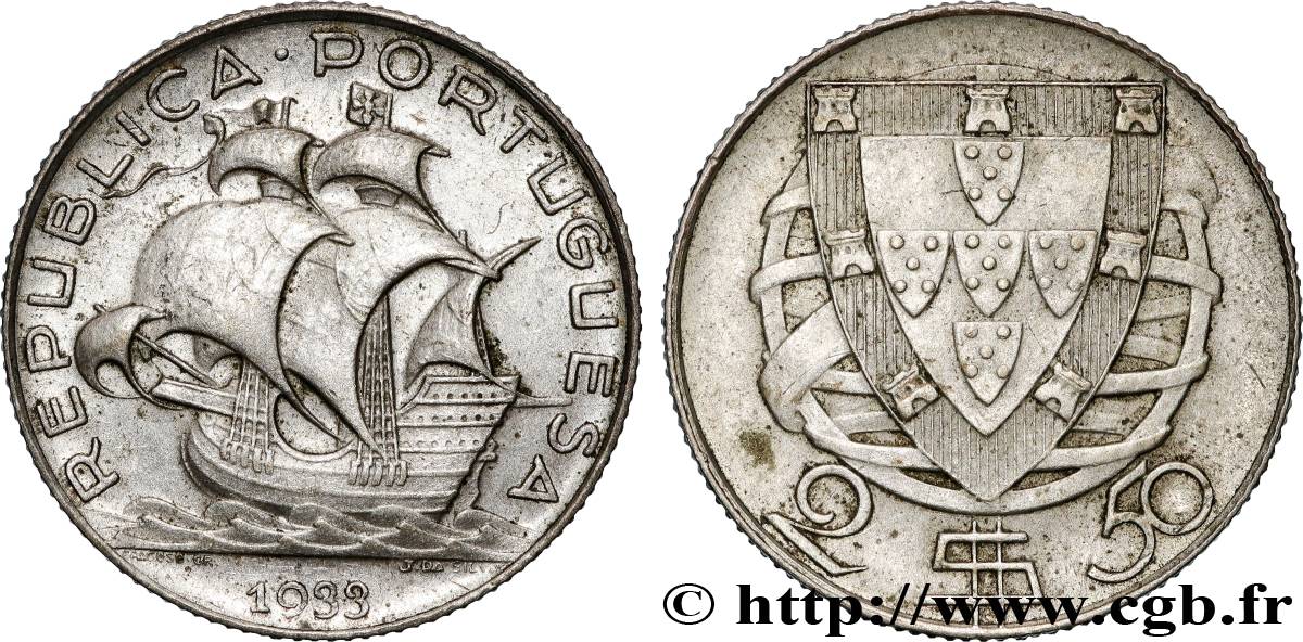 PORTUGAL 2 1/2 Escudos 1933  MBC 