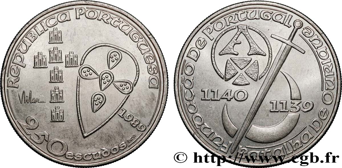 PORTUGAL 250 Escudos 850e anniversaire de la fondation du Portugal 1989 Lisbonne AU 