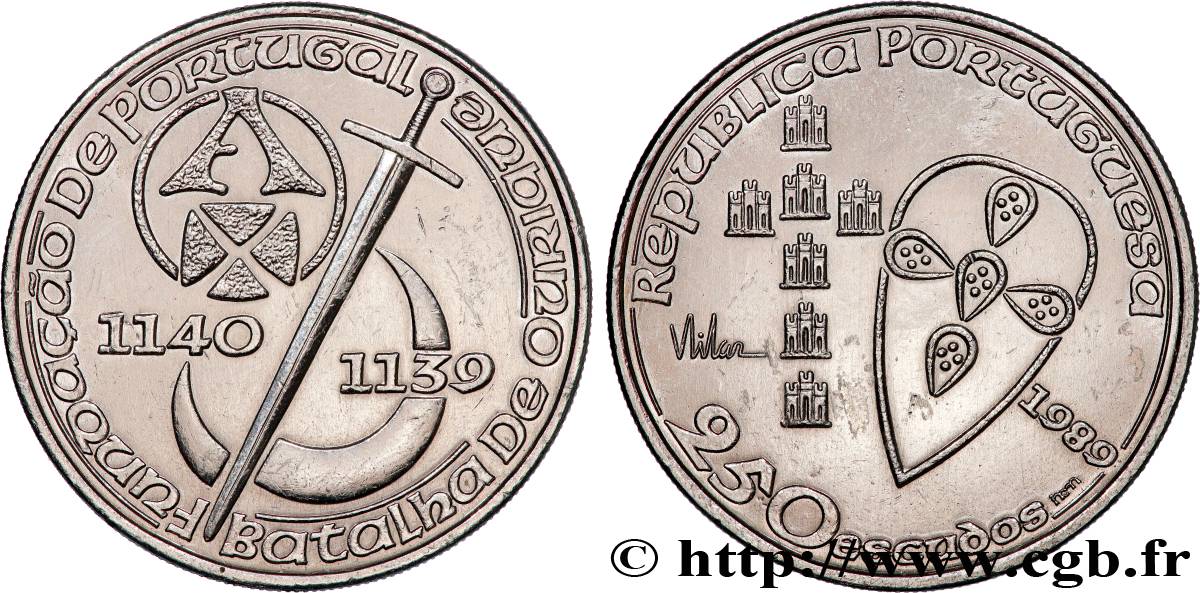 PORTUGAL 250 Escudos 850e anniversaire de la fondation du Portugal 1989 Lisbonne AU 