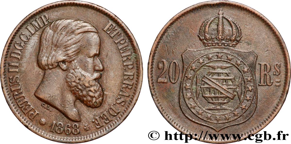 BRÉSIL 20 Réis Empereur Pierre II 1868  TTB 