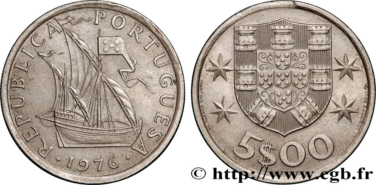 PORTUGAL 5 Escudos emblème 1976 Lisbonne AU 