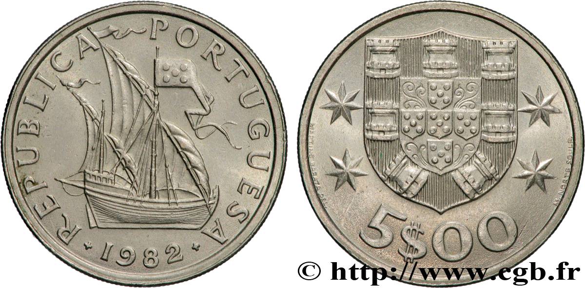PORTUGAL 5 Escudos emblème 1982 Lisbonne AU 