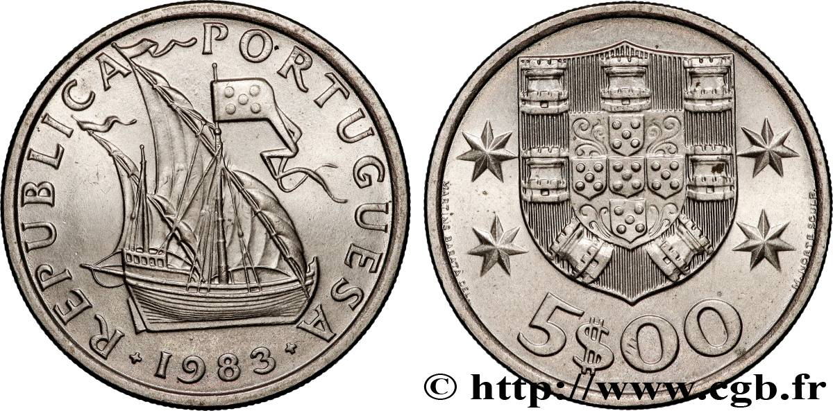 PORTOGALLO 5 Escudos Voilier / emblème 1983 Lisbonne SPL 