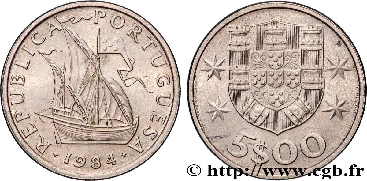 PORTUGAL 5 Escudos Voilier / emblème 1984 Lisbonne AU 