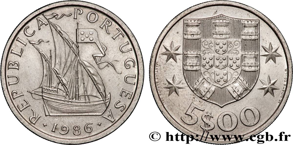 PORTUGAL 5 Escudos emblème 1986 Lisbonne SUP 